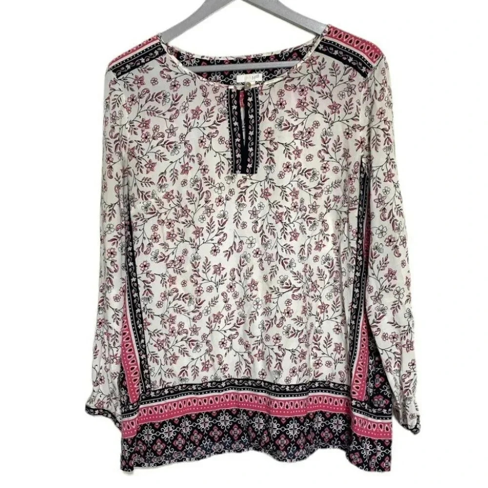 J.JILL‎ Floral Print Tunic Top Womens M Long Sleeve Rayon V-Neck Boho Casual
